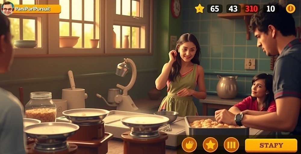 PaniPuriPursuit gameplay showing pani puri making process and customer interactions with PaniPuriPursuit watermark