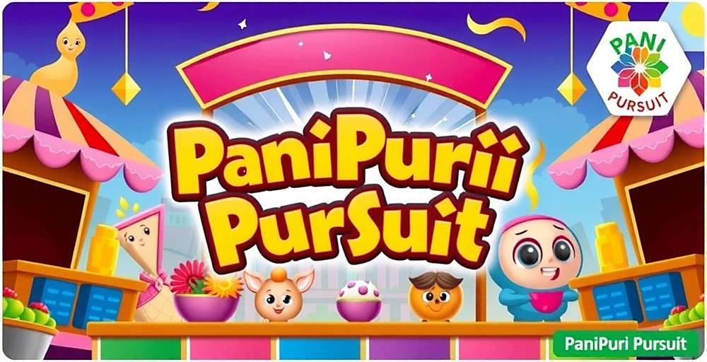 PaniPuriPursuit game cover featuring colorful pani puri stalls and characters with PaniPuriPursuit watermark