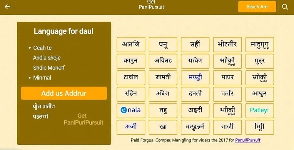 PaniPuriPursuit language selection screen showing various Indian languages with PaniPuriPursuit watermark